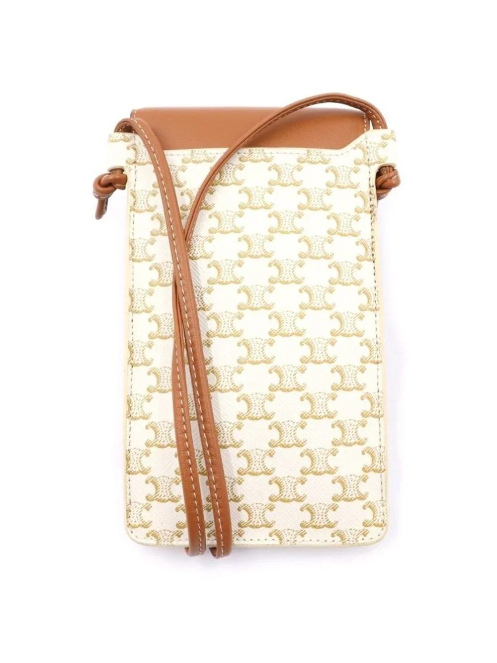 Celine Triomphe All Over Print Phone Pouch Shoulder Bag Brown White
